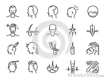 Hair Transplantation line icon set. Included icons as Hair Transplant, hair loss,Â hair follicles, FUE, FUT, alopecia and more. Vector Illustration